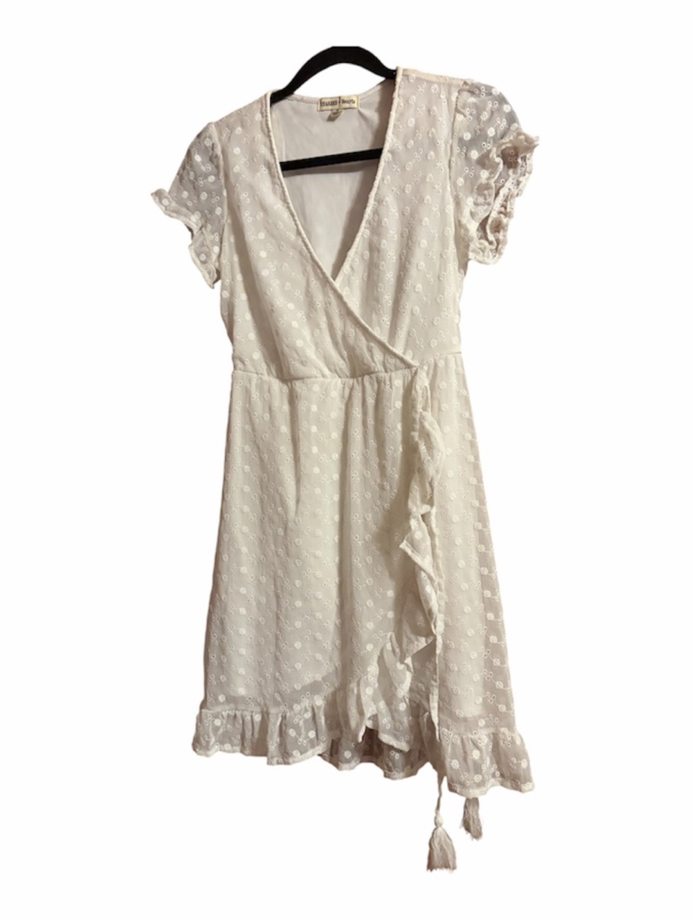 Cream Eyelet Wrap Mini Dress with Ruffle Trim